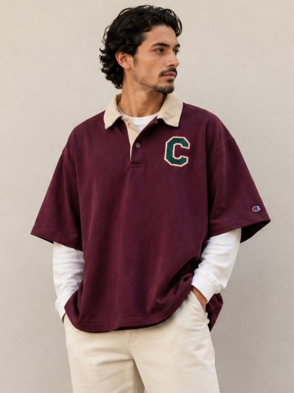 Champion Rev Weave Burgundy Oversized Cutoff Sleeve Polo Shirt Men’s XL Unisex